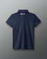 Navy blue polo shirt with a logo on the back against a gray background