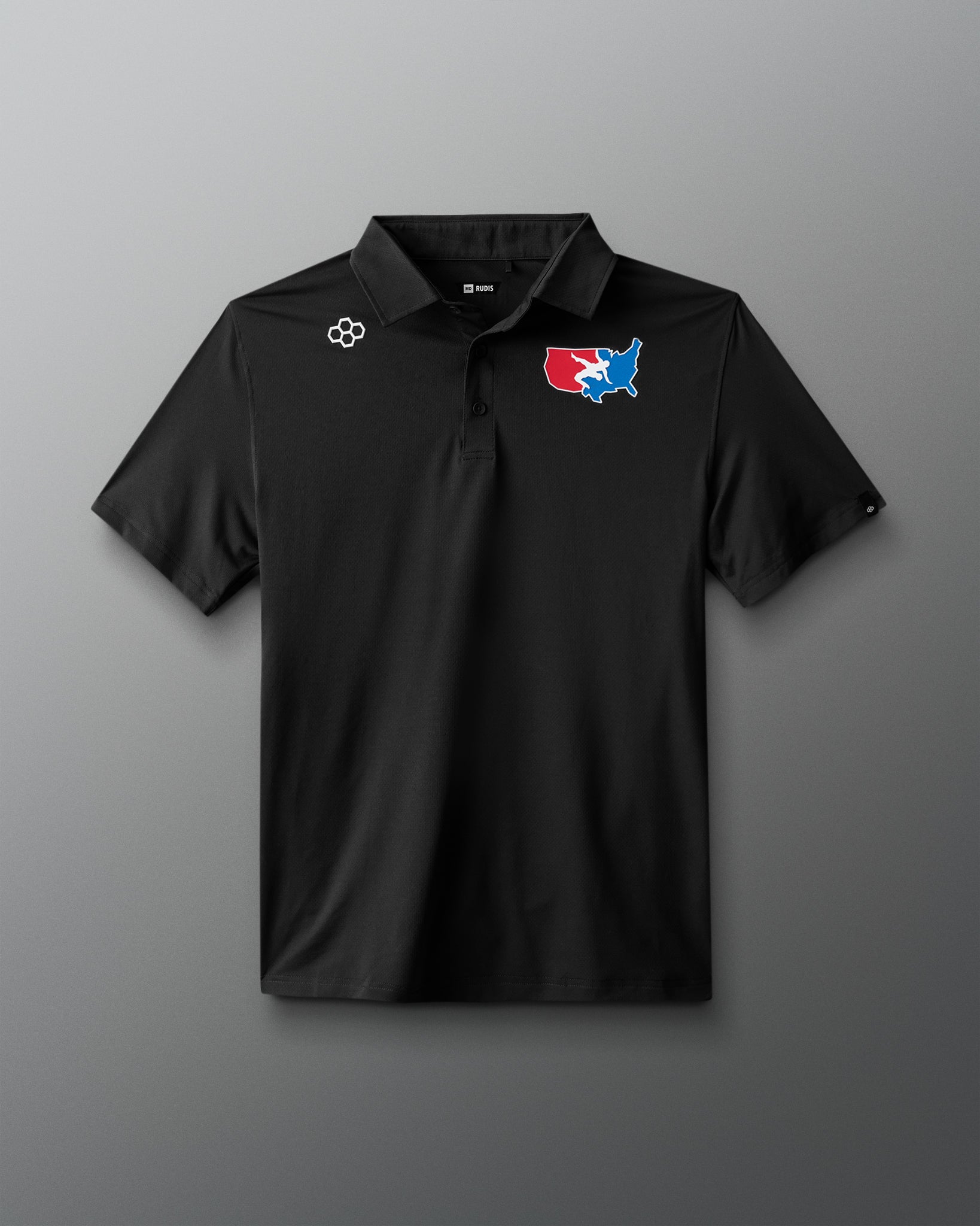 Black polo shirt with a logo on a gray background