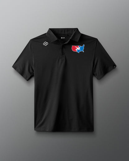 Black polo shirt with a logo on a gray background