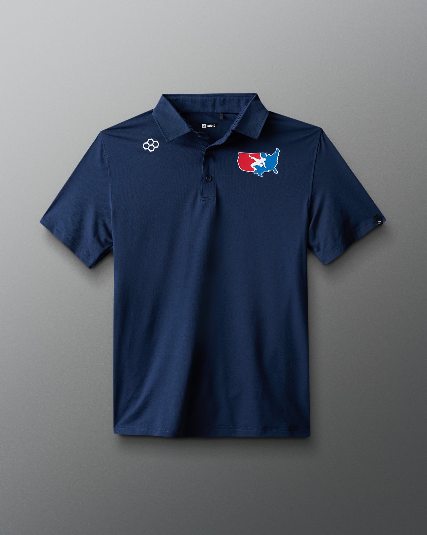 Blue polo shirt with a logo on a gray background