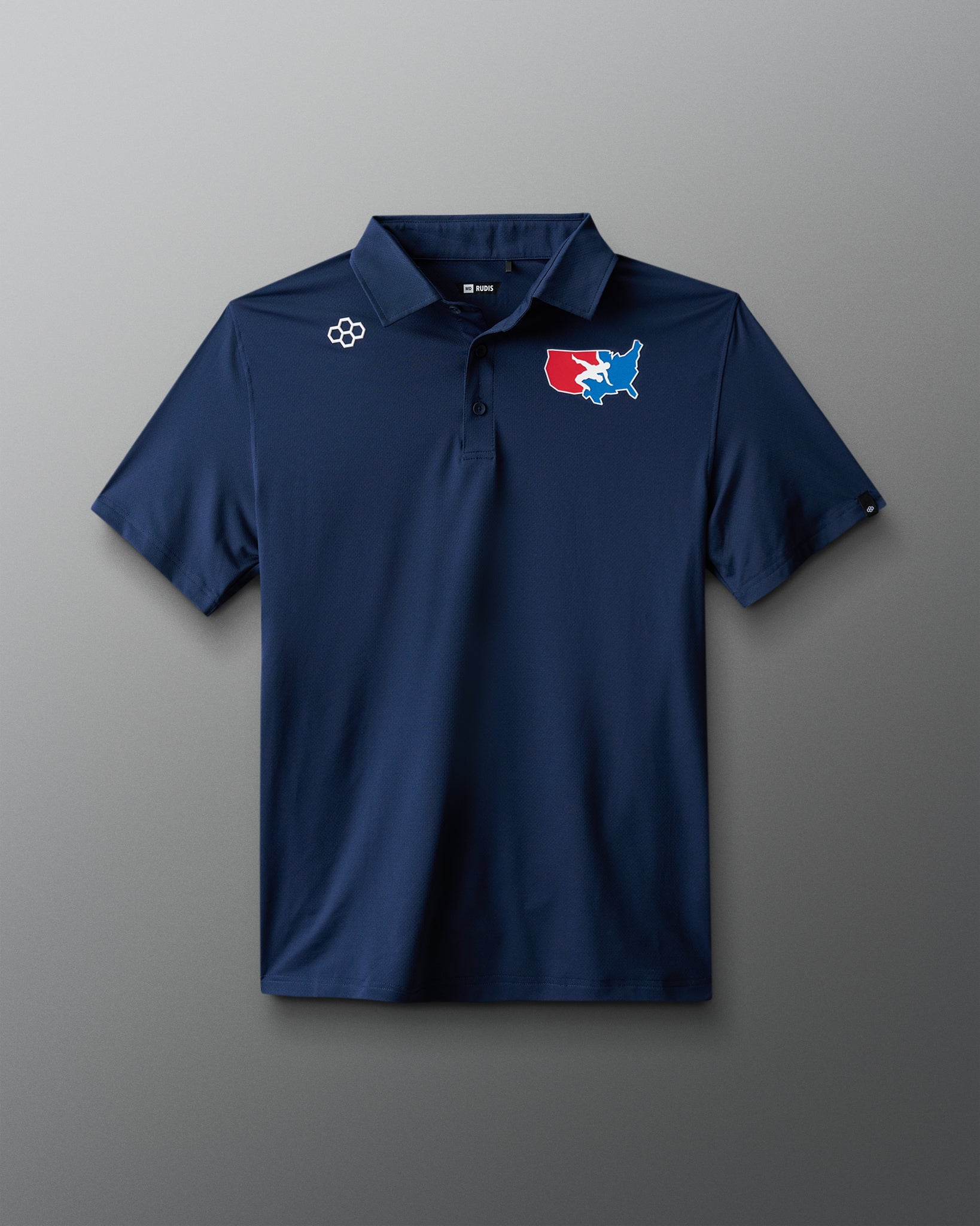 Blue polo shirt with a logo on a gray background