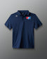 Blue polo shirt with a logo on a gray background