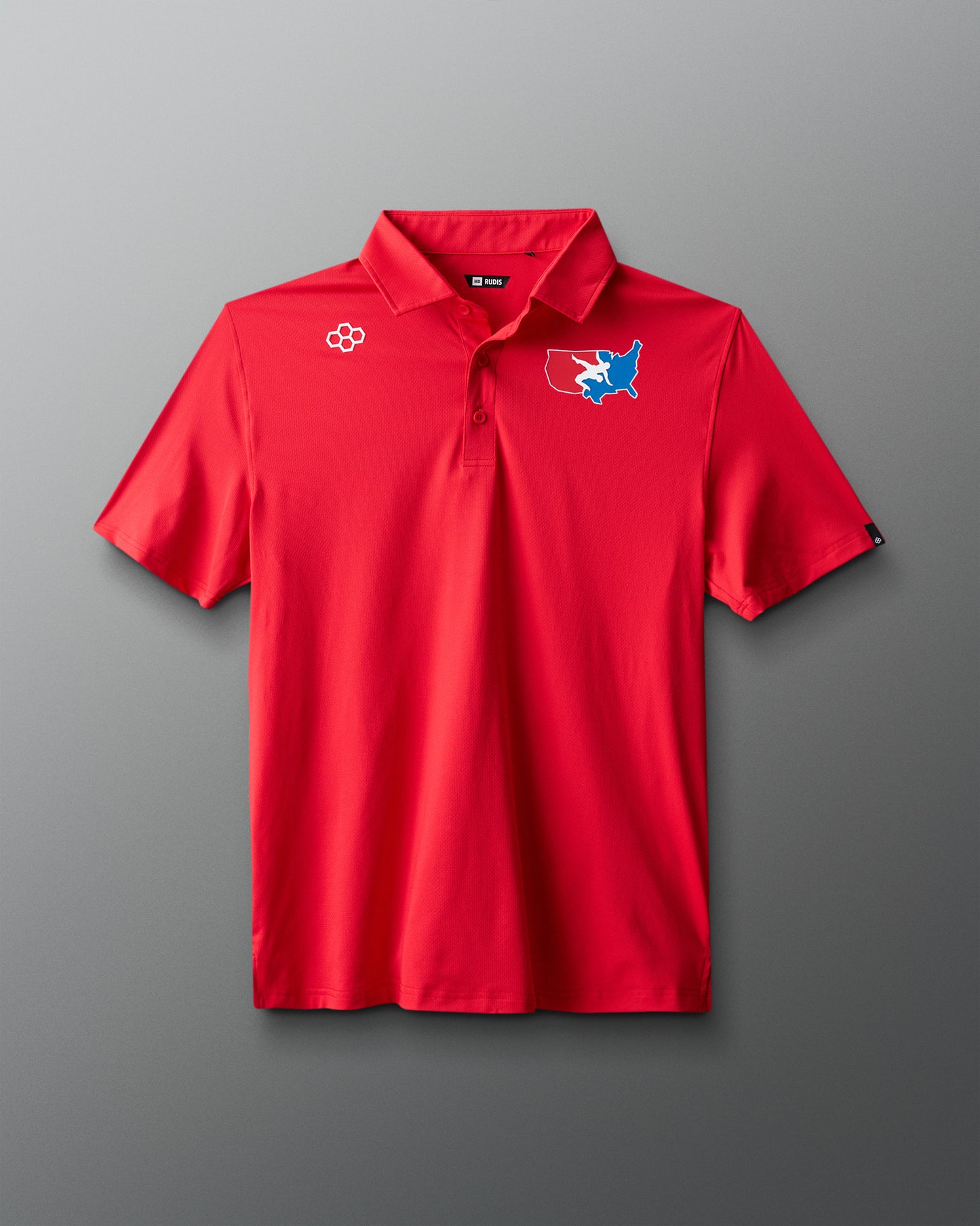 Red polo shirt with logos on a gray background