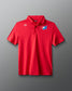 Red polo shirt with logos on a gray background
