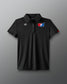 Black polo shirt with logos on a gray background