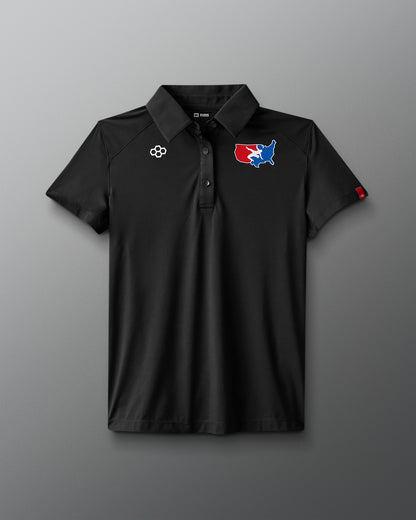 Black polo shirt with logos on a gray background