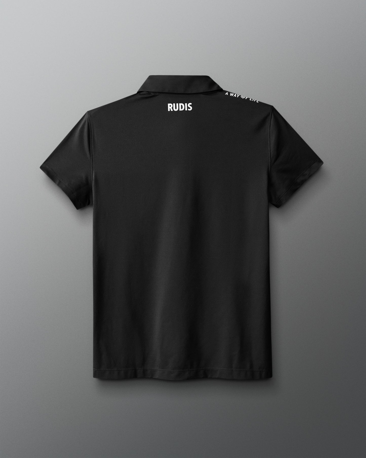 Black polo shirt with 'RUDIS' branding on the back against a gray background