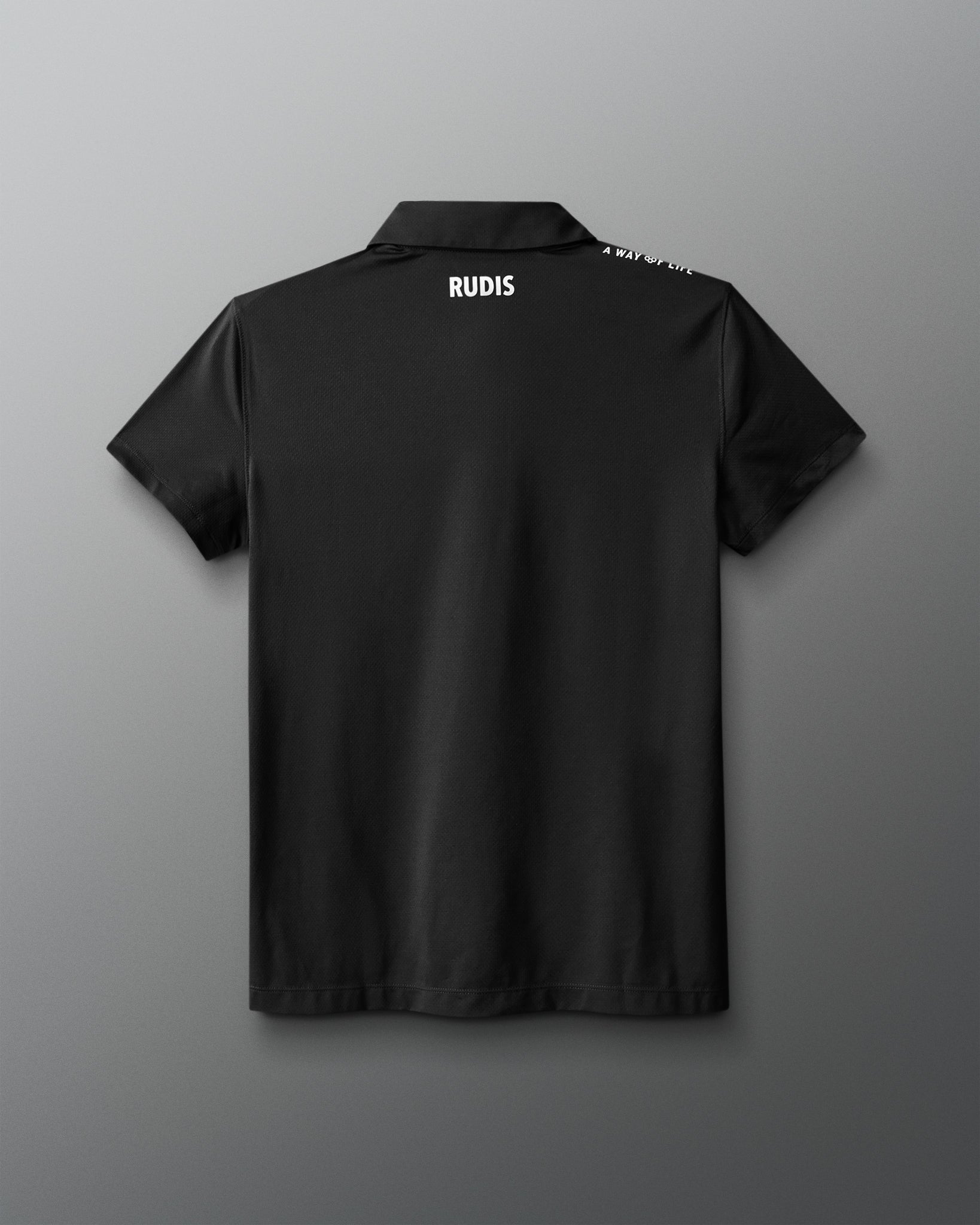 Black polo shirt with 'RUDIS' branding on the back against a gray background
