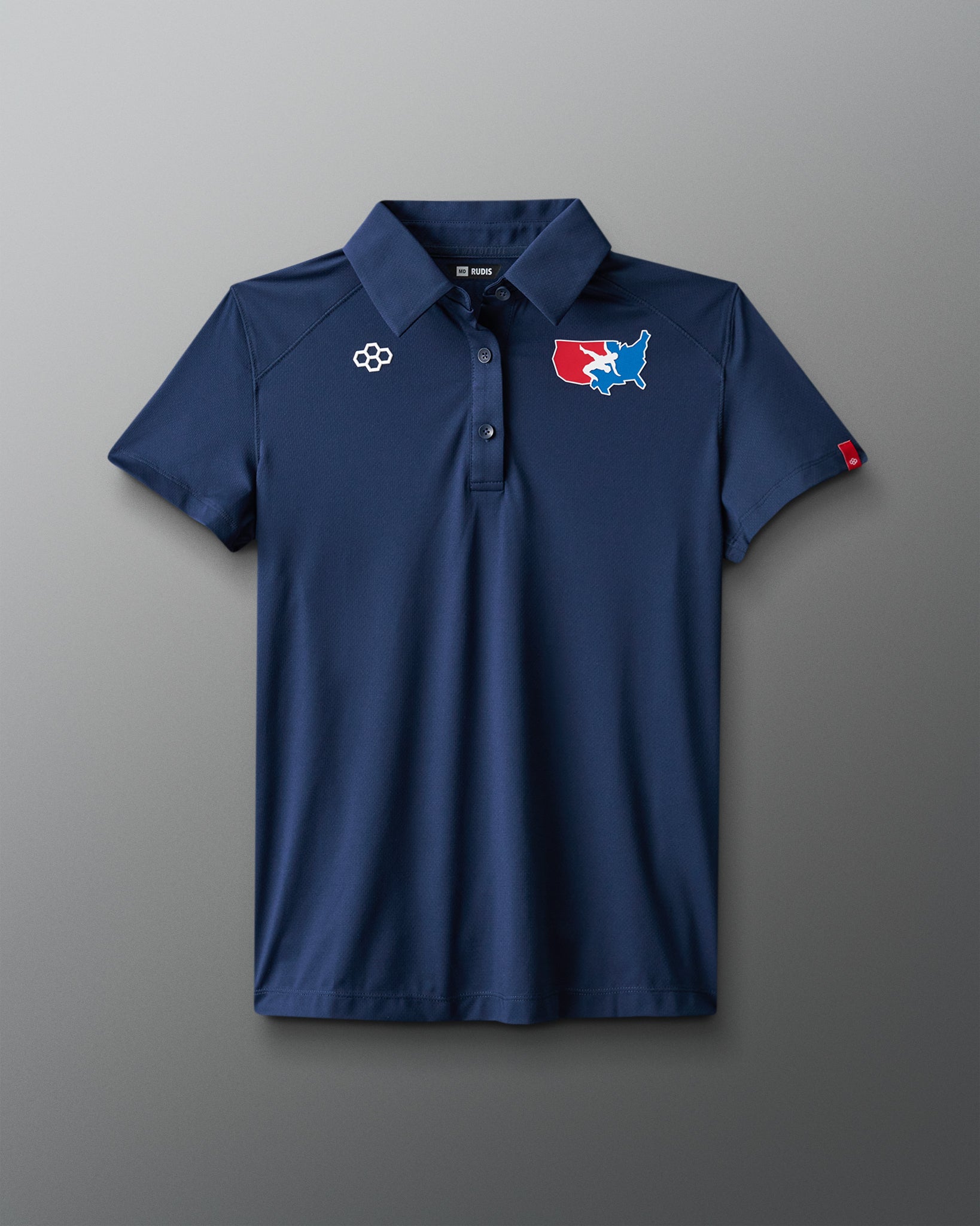 Blue polo shirt with logos on a gray background
