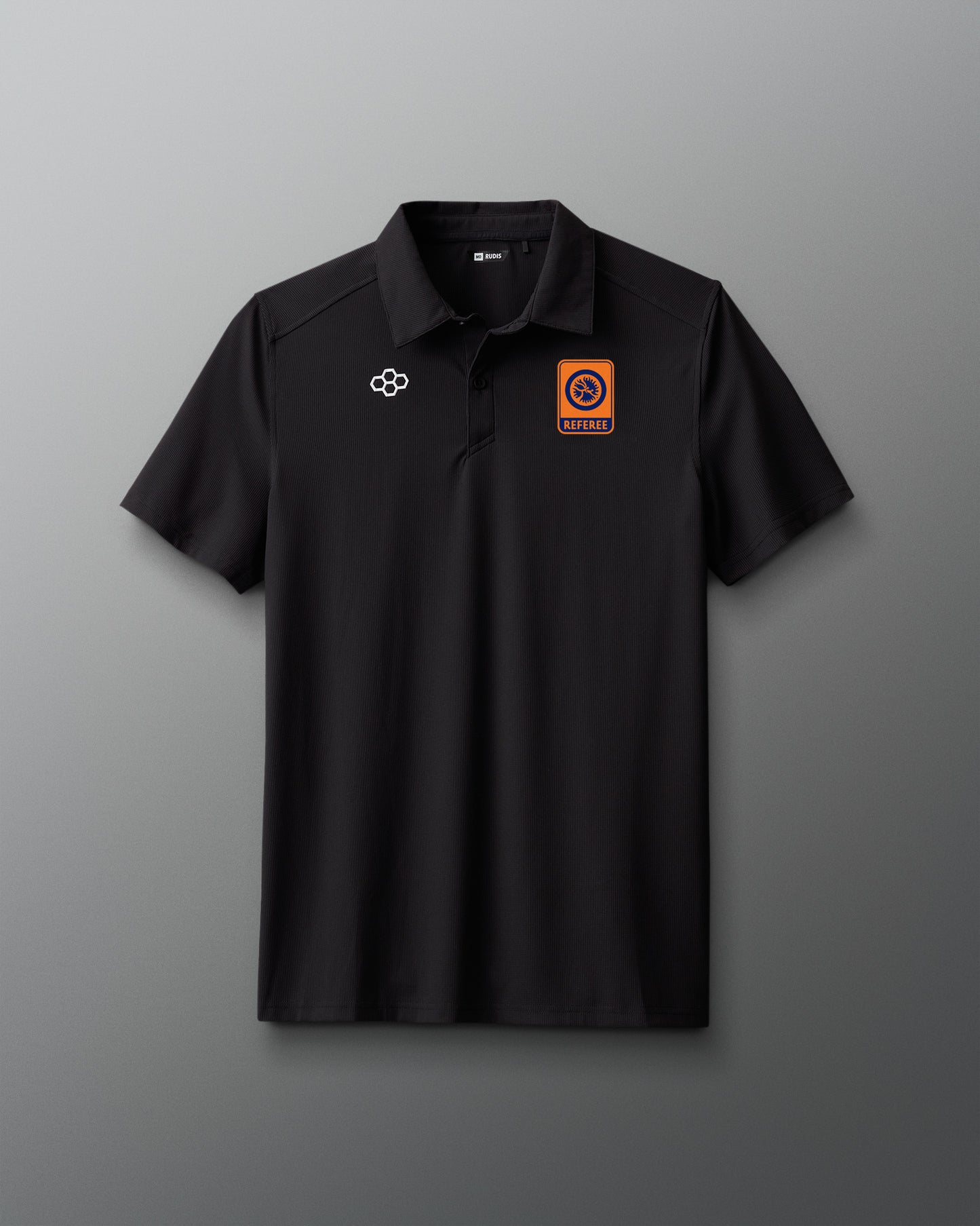 Black polo shirt with logos on a gray background