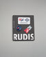 Pack of RUDIS pins with various designs on a gray background