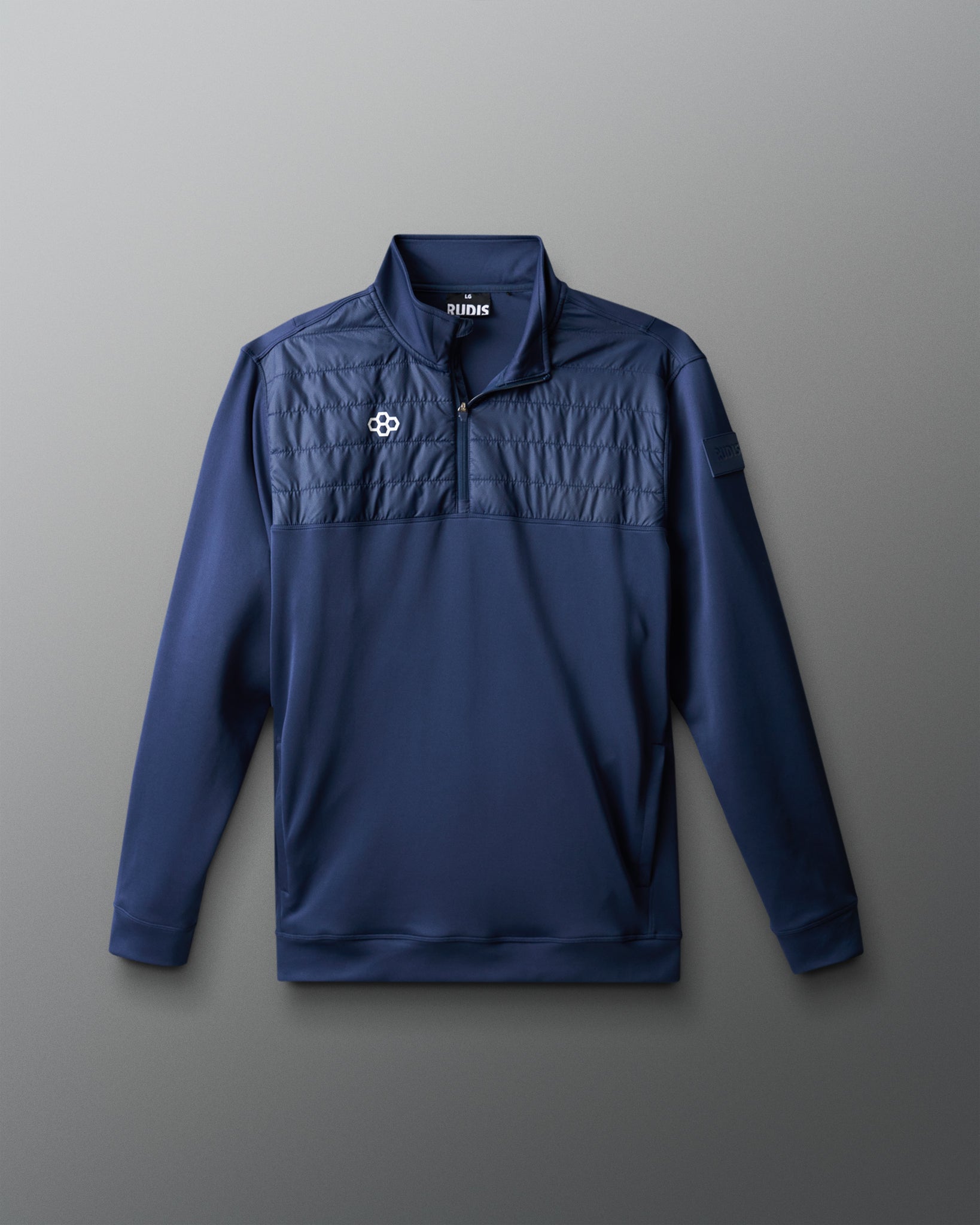 Blue pullover with a logo on a gray background