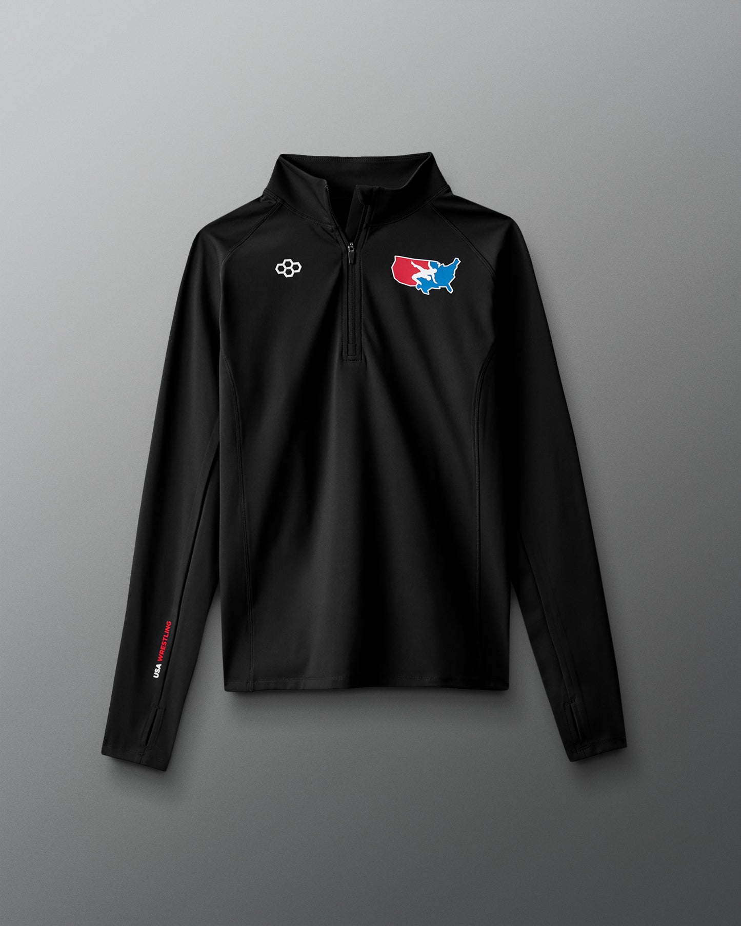 Black long-sleeve shirt with USA Wrestling  and RUDIS logos on a gray background