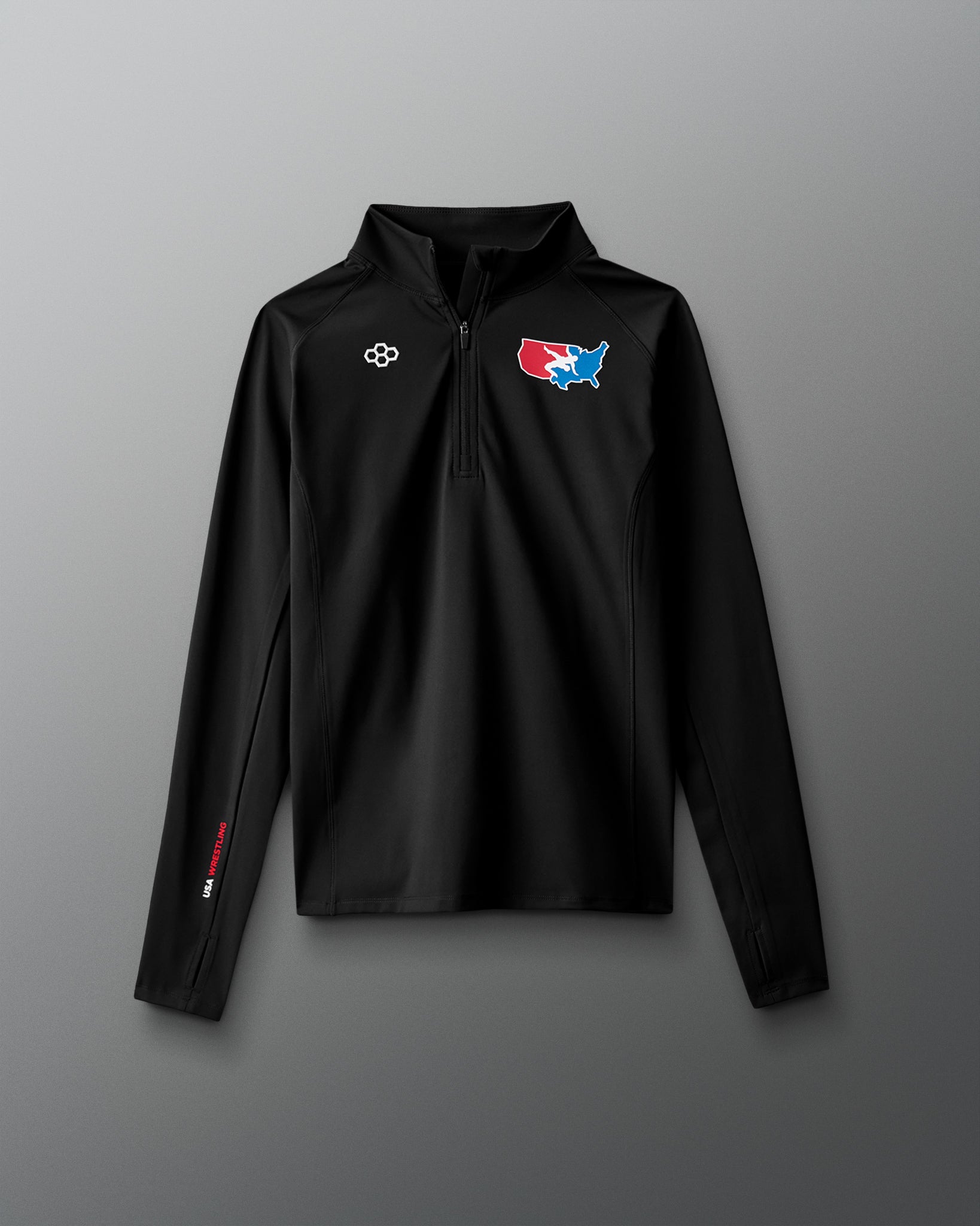Black long-sleeve shirt with USA Wrestling  and RUDIS logos on a gray background