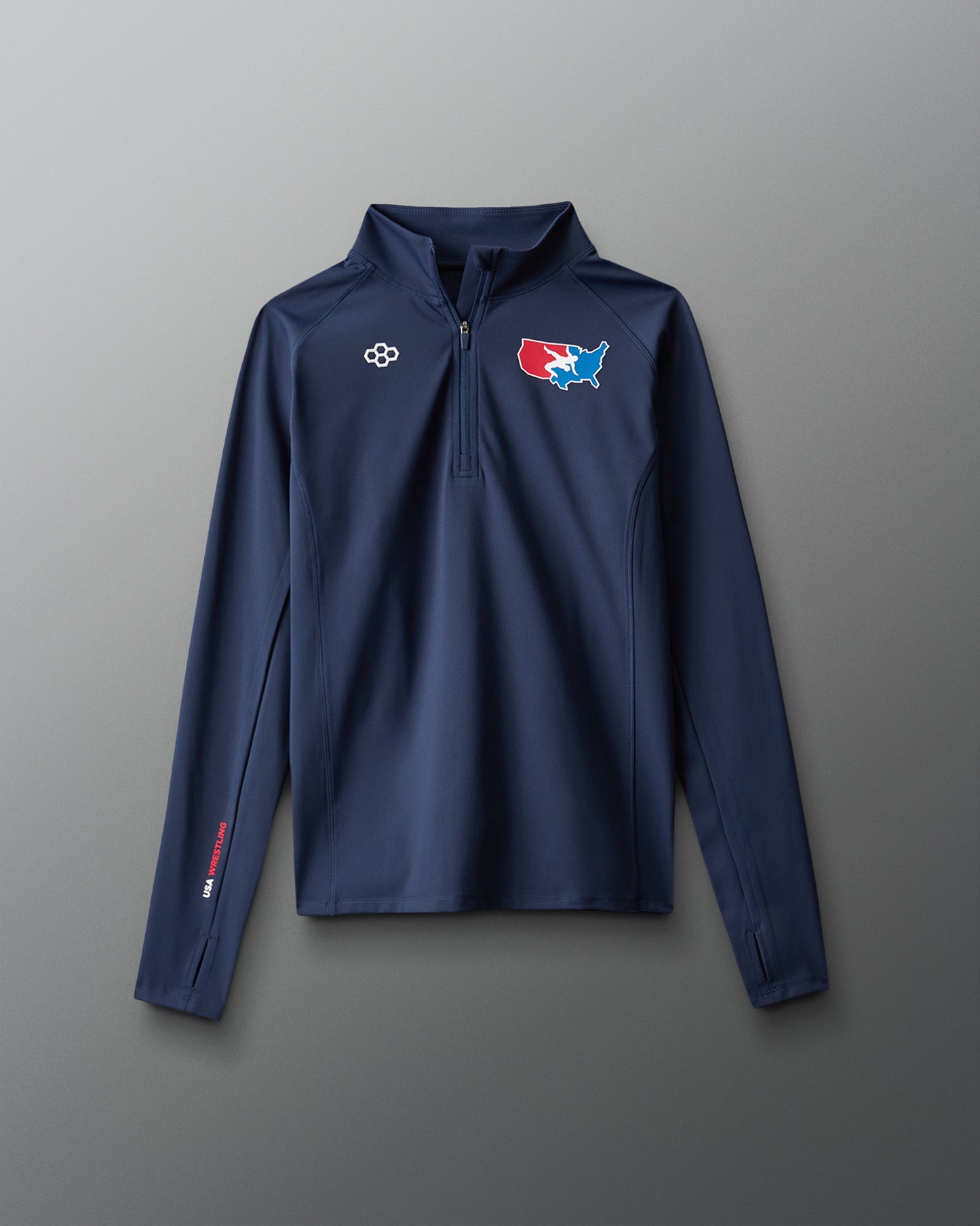 Navy blue pullover with USA Wrestling and RUDIS logos on a gray background