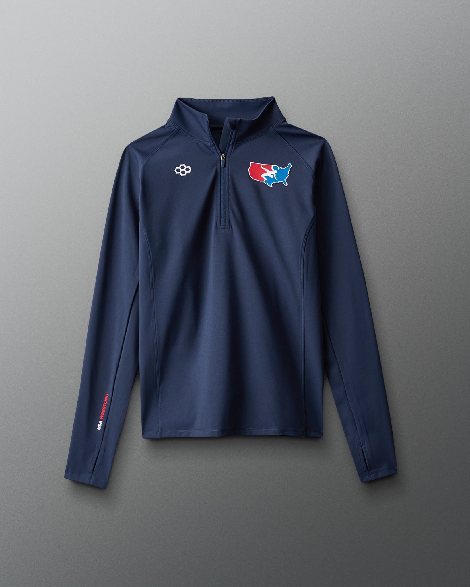 Navy blue pullover with USA Wrestling and RUDIS logos on a gray background