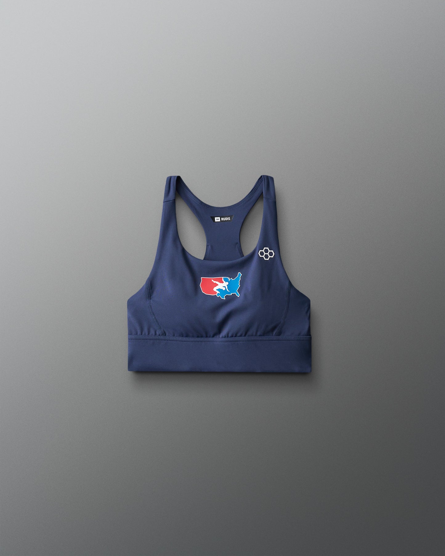 Navy blue sports bra with a logo on a gray background