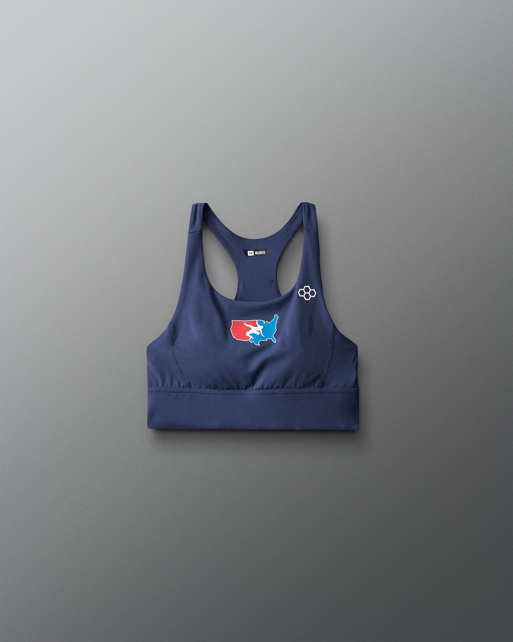 Navy blue sports bra with a logo on a gray background