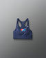 Navy blue sports bra with a logo on a gray background