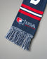 Navy blue scarf with red and white stripes and USA Wrestling logo on a gray background