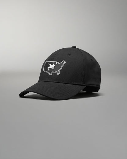 Black cap with a white USA Wrestling logo on a gray background