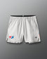 White athletic shorts with USA Wrestling logos on a gray background