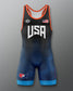 Freestyle Wrestling singlet with 'USA', USA Wrestling Logo and American flag design on a gray background