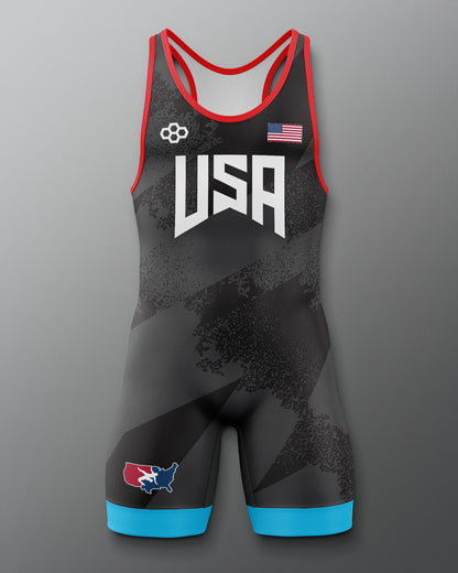 Black Freestyle wrestling singlet with 'USA' and American flag design on a gray background