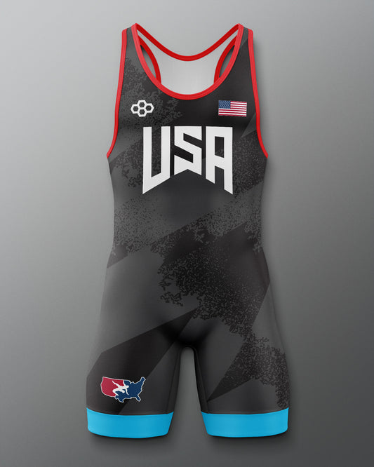 Black Freestyle wrestling singlet with 'USA' and American flag design on a gray background