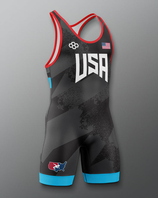 Freestyle Wrestling singlet with 'USA' and American flag design on a gray background