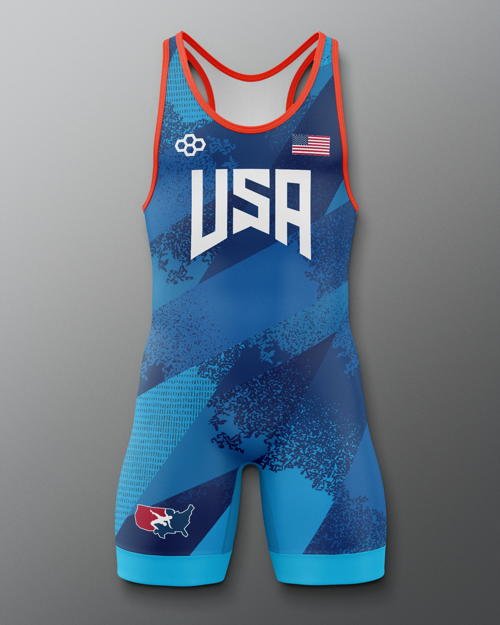 Blue and red Freestyle wrestling singlet with 'USA' branding on a gray background
