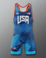 Blue and red Freestyle wrestling singlet with 'USA' branding on a gray background