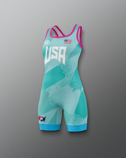Teal and pink freestyle wrestling singlet with 'USA' text on a gray background