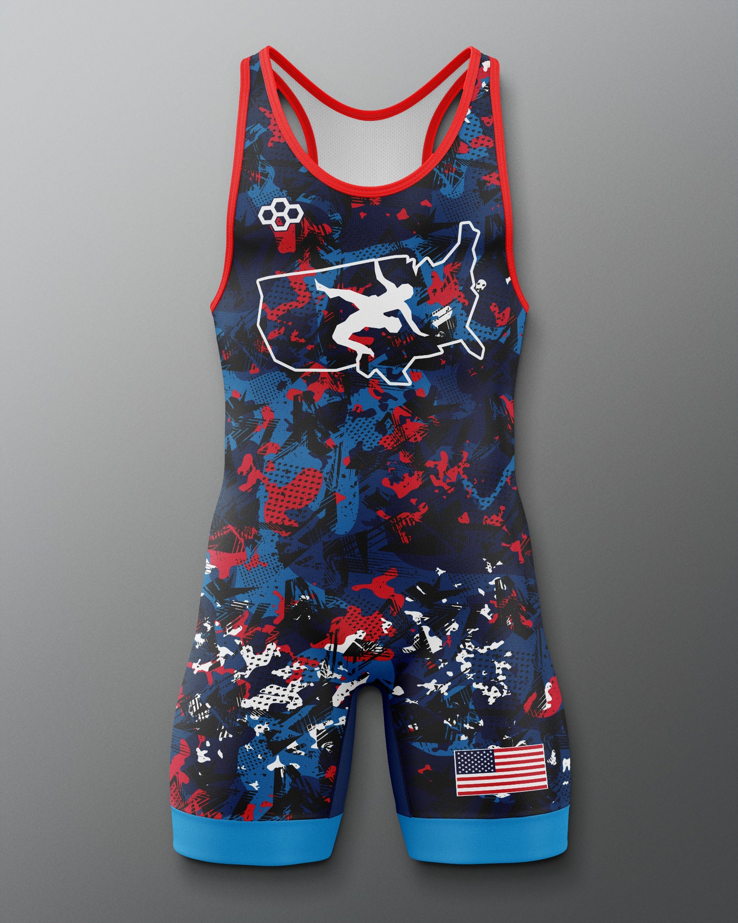 Freestyle Wrestling singlet with camouflage design and patriotic elements on a gray background