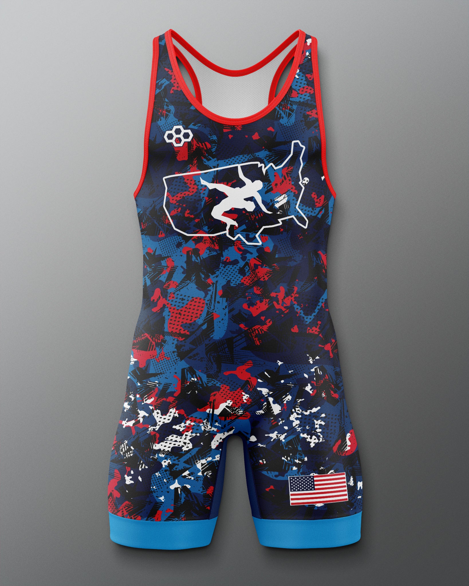 Freestyle Wrestling singlet with camouflage design and patriotic elements on a gray background
