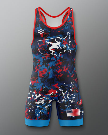 Freestyle Wrestling singlet with camouflage design and patriotic elements on a gray background