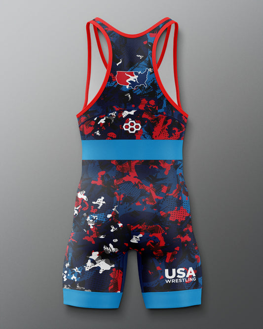 Freestyle Wrestling singlet with USA Wrestling logo on a gradient background
