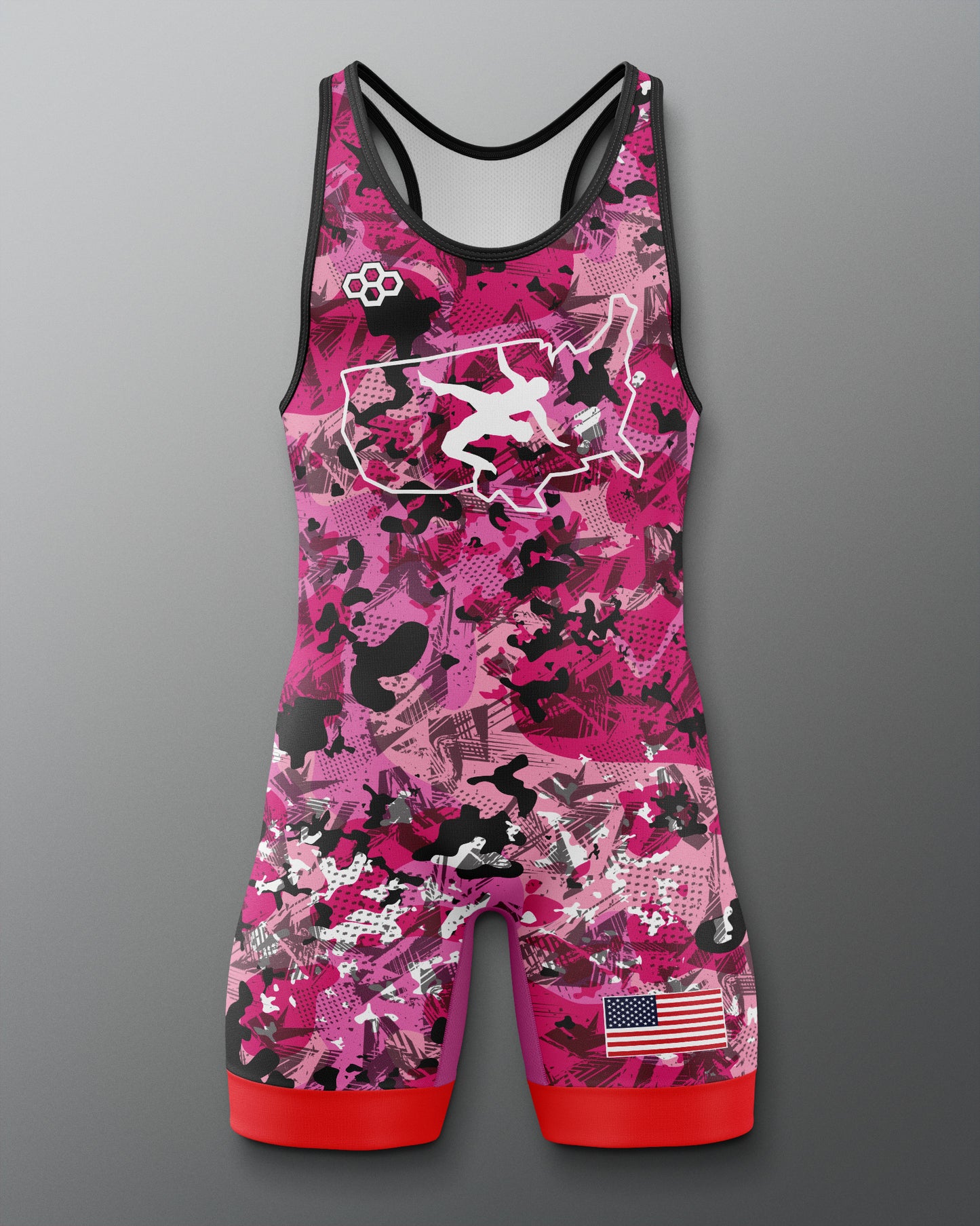 Pink and black patterned Freestyle Wrestling singlet with red accents on a gray background