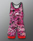 Pink and black patterned Freestyle Wrestling singlet with red accents on a gray background