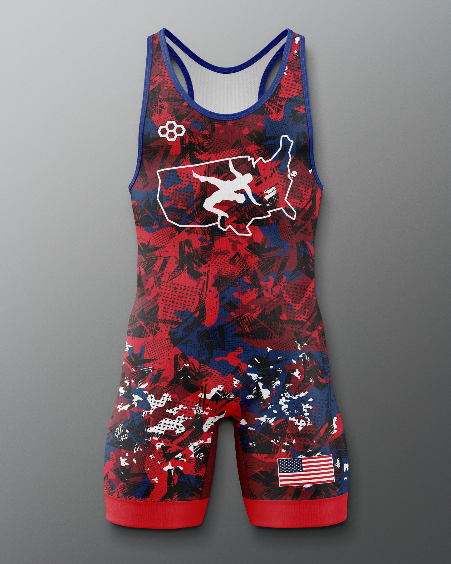Freestyle Wrestling singlet with red, blue, and white design on a gray background