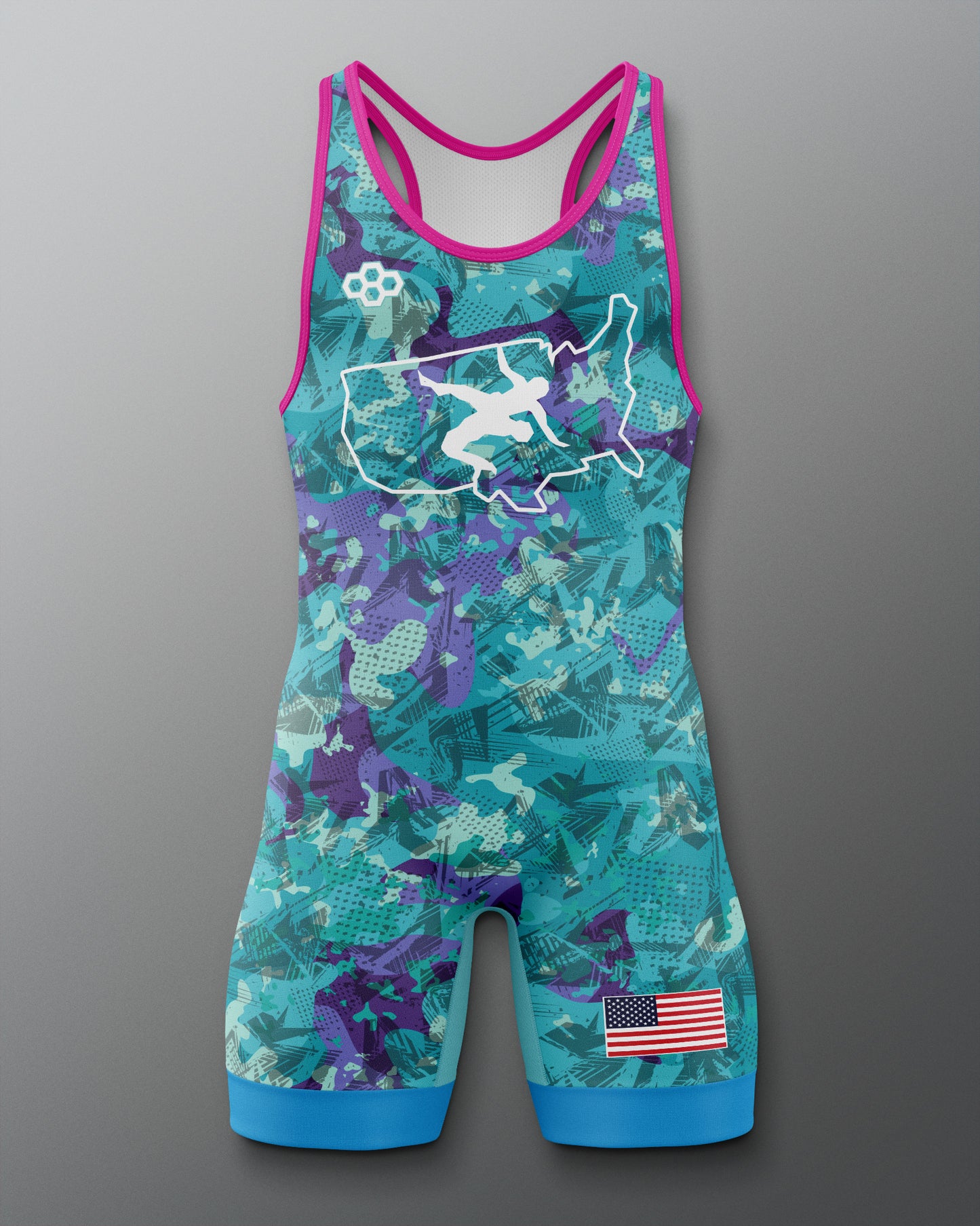 Teal and purple Freestyle wrestling singlet with American flag on a gray background