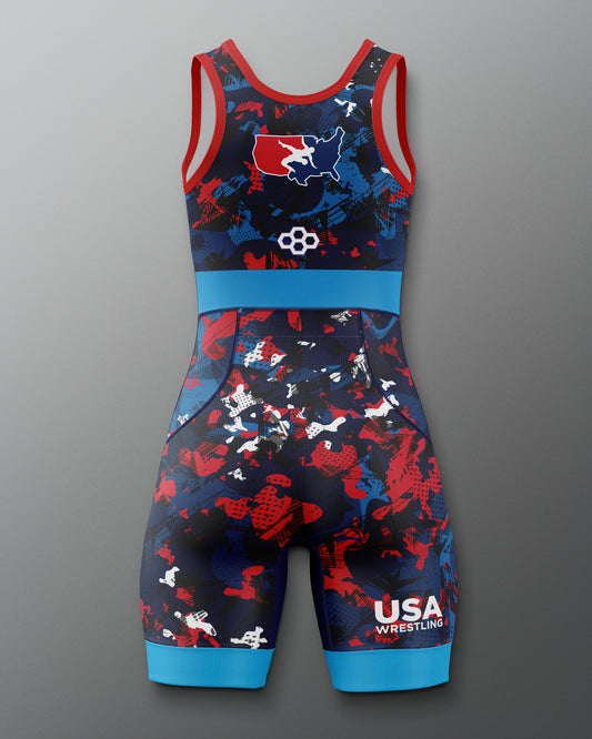 Freestyle Wrestling singlet with USA Wrestling logo on a gray background
