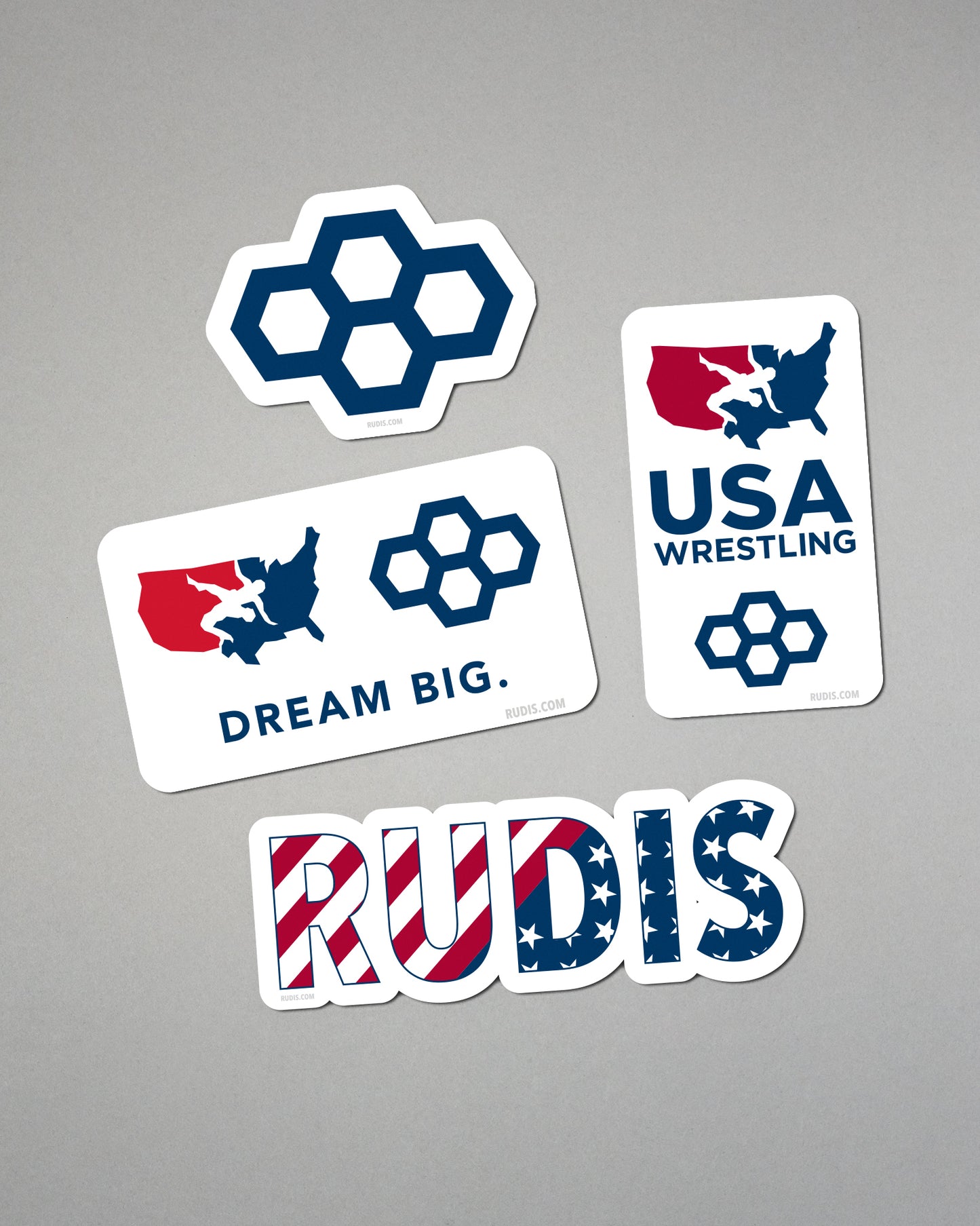 Set of USA Wrestling-themed stickers on a gray background