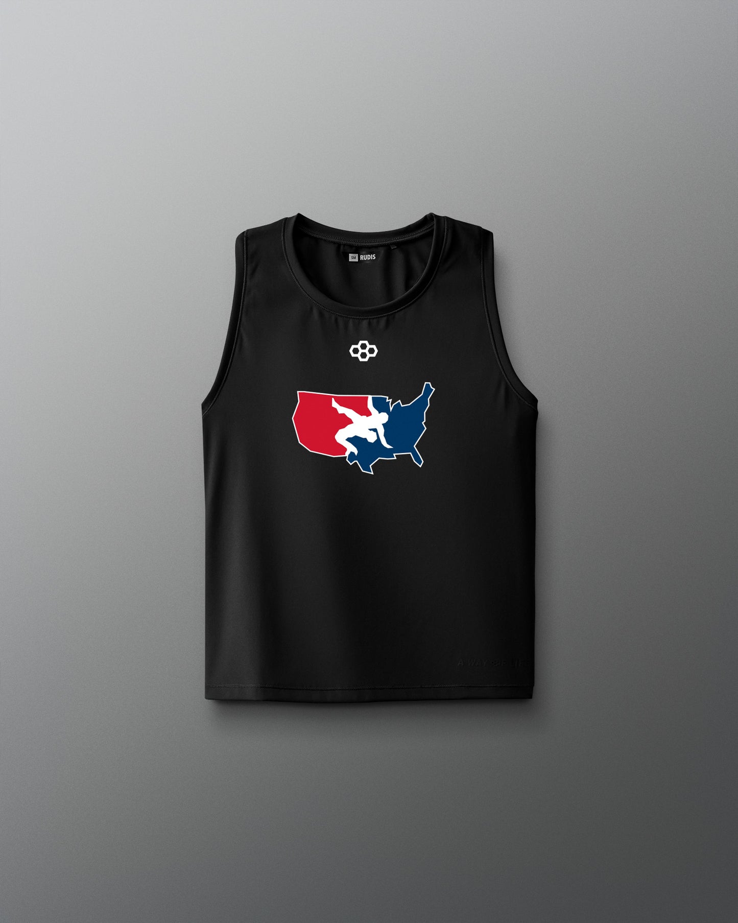 Navy blue sleeveless RUDIS wrestling tank top featuring a bold graphic of a red, white, and blue USA Wrestling map logo on the chest and a small RUDIS hexagon emblem above it. The words "A WAY OF LIFE" are subtly printed near the hem.