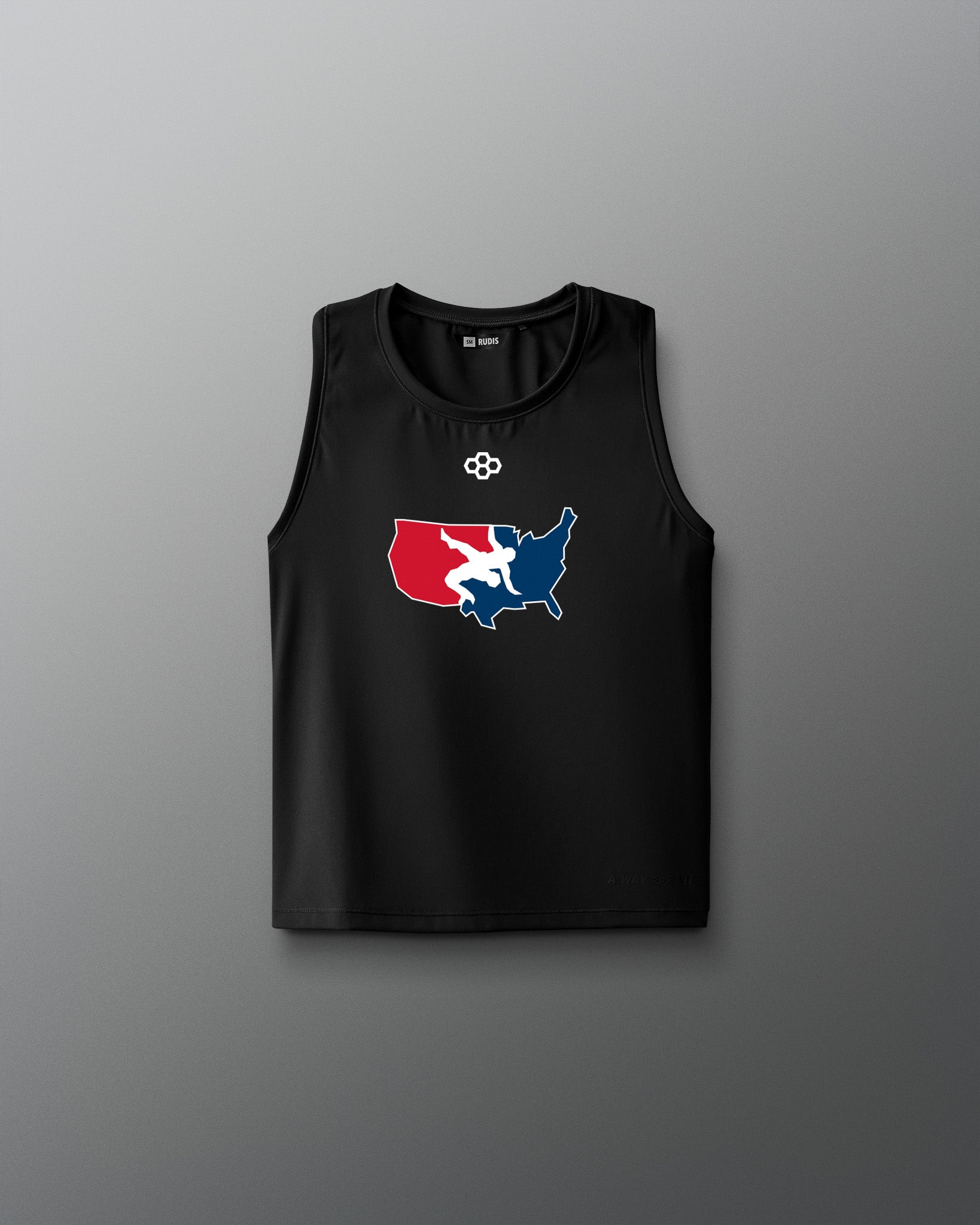 Navy blue sleeveless RUDIS wrestling tank top featuring a bold graphic of a red, white, and blue USA Wrestling map logo on the chest and a small RUDIS hexagon emblem above it. The words "A WAY OF LIFE" are subtly printed near the hem.
