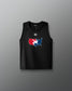 Navy blue sleeveless RUDIS wrestling tank top featuring a bold graphic of a red, white, and blue USA Wrestling map logo on the chest and a small RUDIS hexagon emblem above it. The words "A WAY OF LIFE" are subtly printed near the hem.