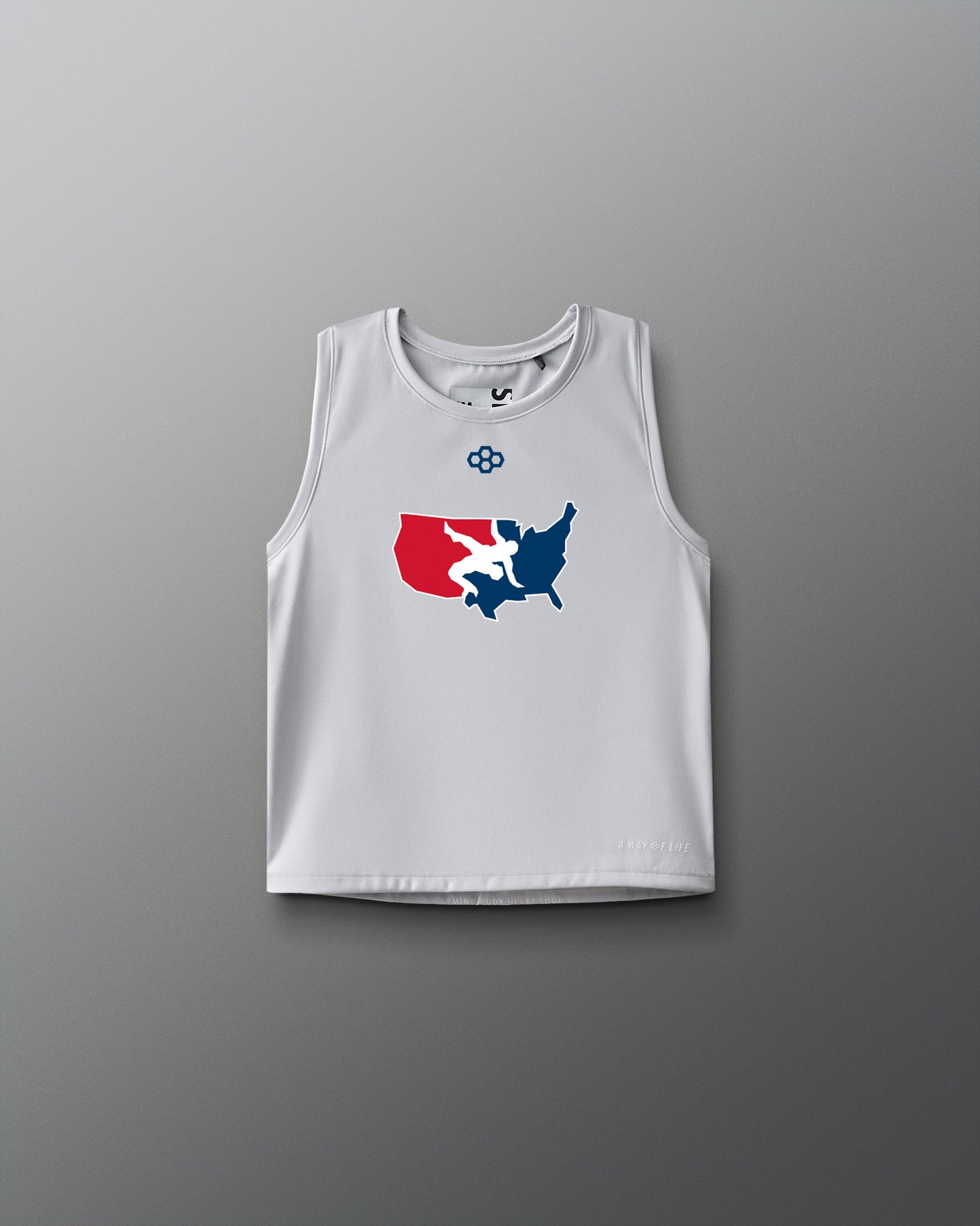 Lunar Gray sleeveless RUDIS wrestling tank top featuring a bold graphic of a red, white, and blue USA Wrestling map logo on the chest and a small RUDIS hexagon emblem above it. The words "A WAY OF LIFE" are subtly printed near the hem.