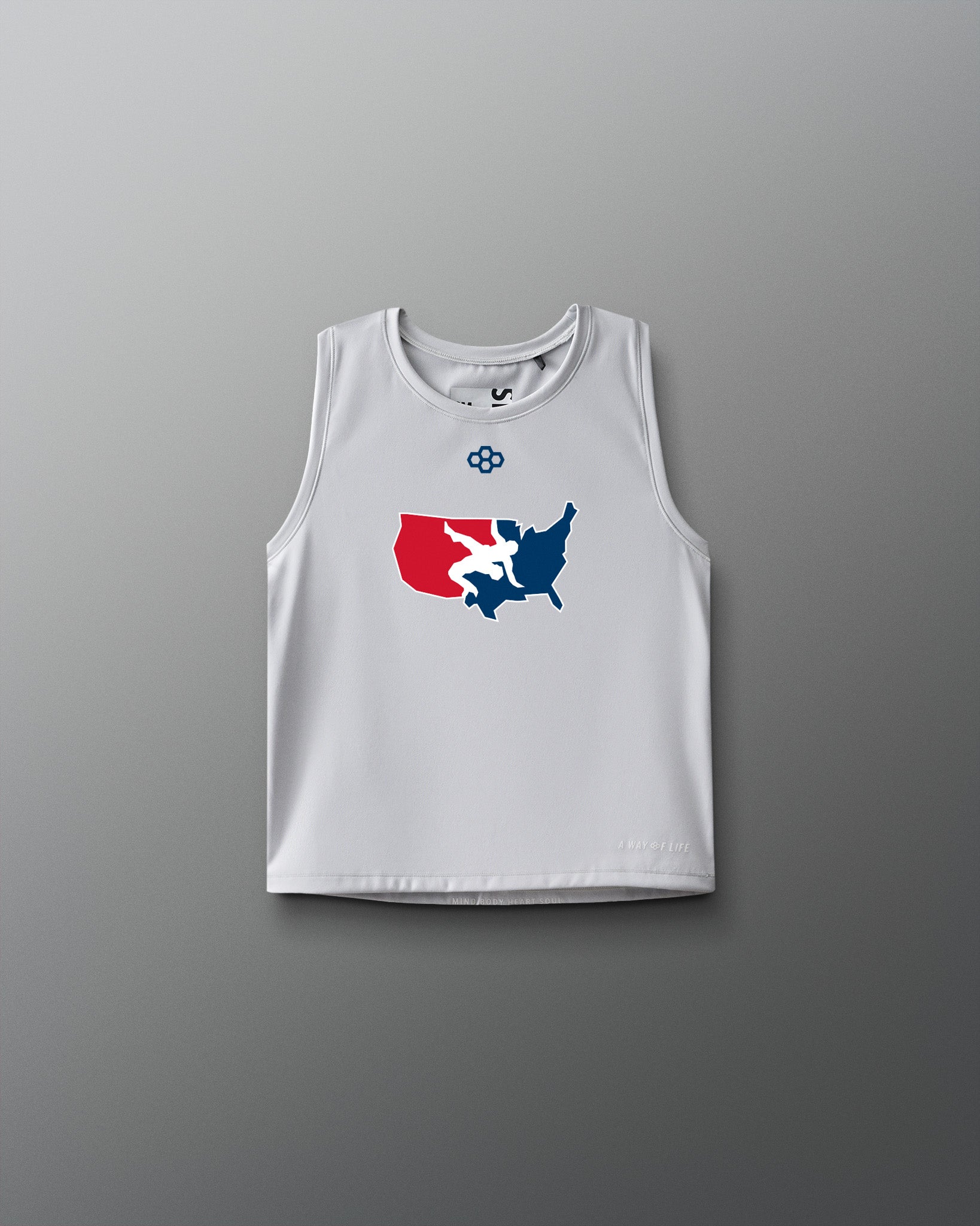 Lunar Gray sleeveless RUDIS wrestling tank top featuring a bold graphic of a red, white, and blue USA Wrestling map logo on the chest and a small RUDIS hexagon emblem above it. The words "A WAY OF LIFE" are subtly printed near the hem.