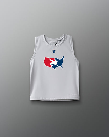 Lunar Gray sleeveless RUDIS wrestling tank top featuring a bold graphic of a red, white, and blue USA Wrestling map logo on the chest and a small RUDIS hexagon emblem above it. The words "A WAY OF LIFE" are subtly printed near the hem.