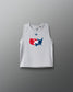 Lunar Gray sleeveless RUDIS wrestling tank top featuring a bold graphic of a red, white, and blue USA Wrestling map logo on the chest and a small RUDIS hexagon emblem above it. The words "A WAY OF LIFE" are subtly printed near the hem.